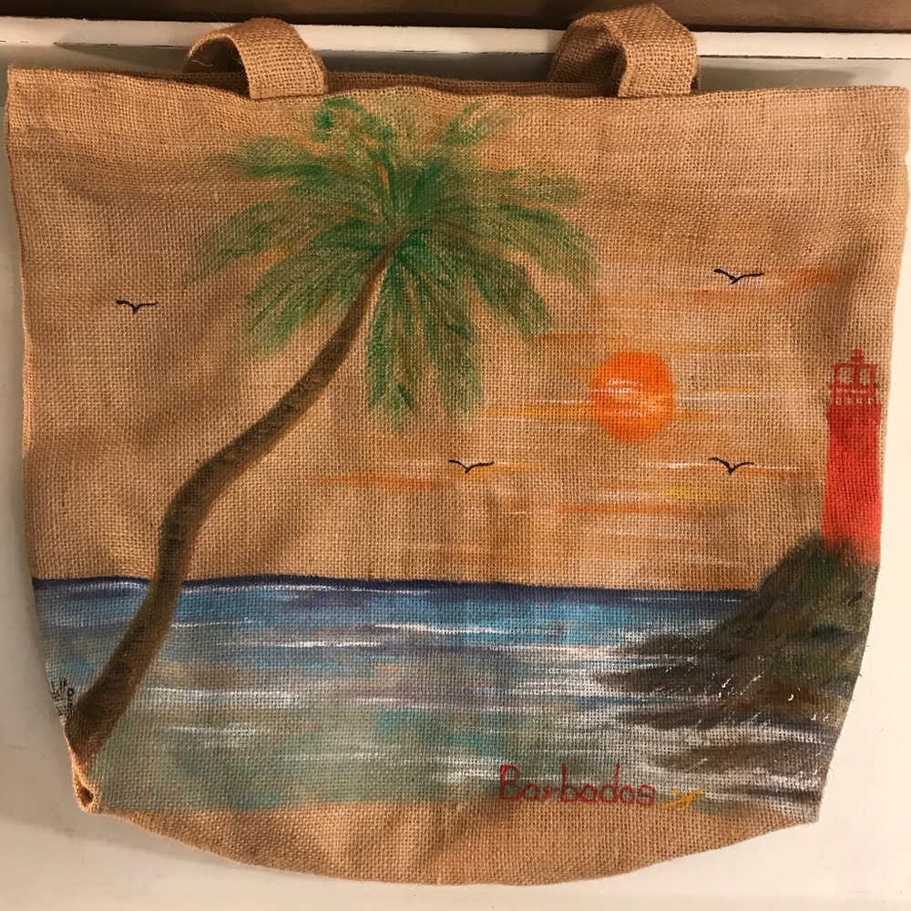 Beach Scene Hand Painted Burlap Tote